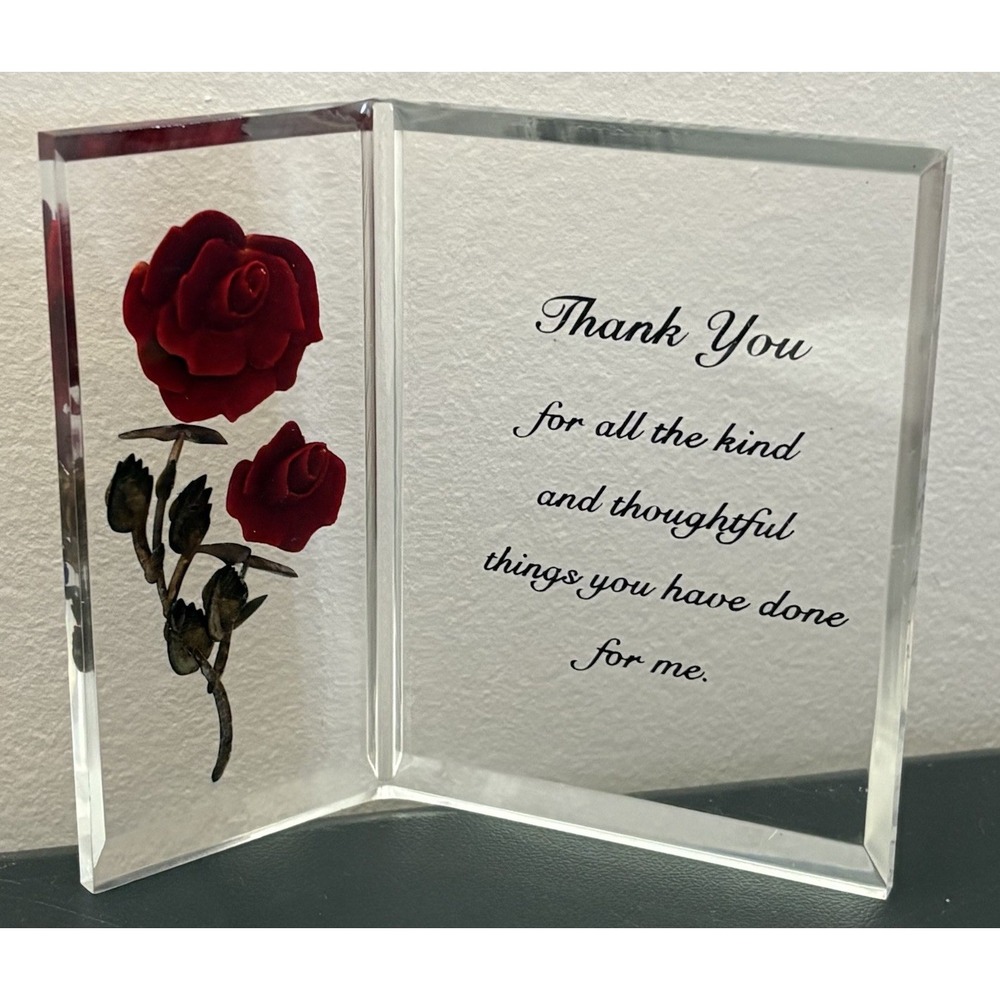 Genuine Vintage Red Rose Bircraft Lucite Acrylic Display Art "Thank You"